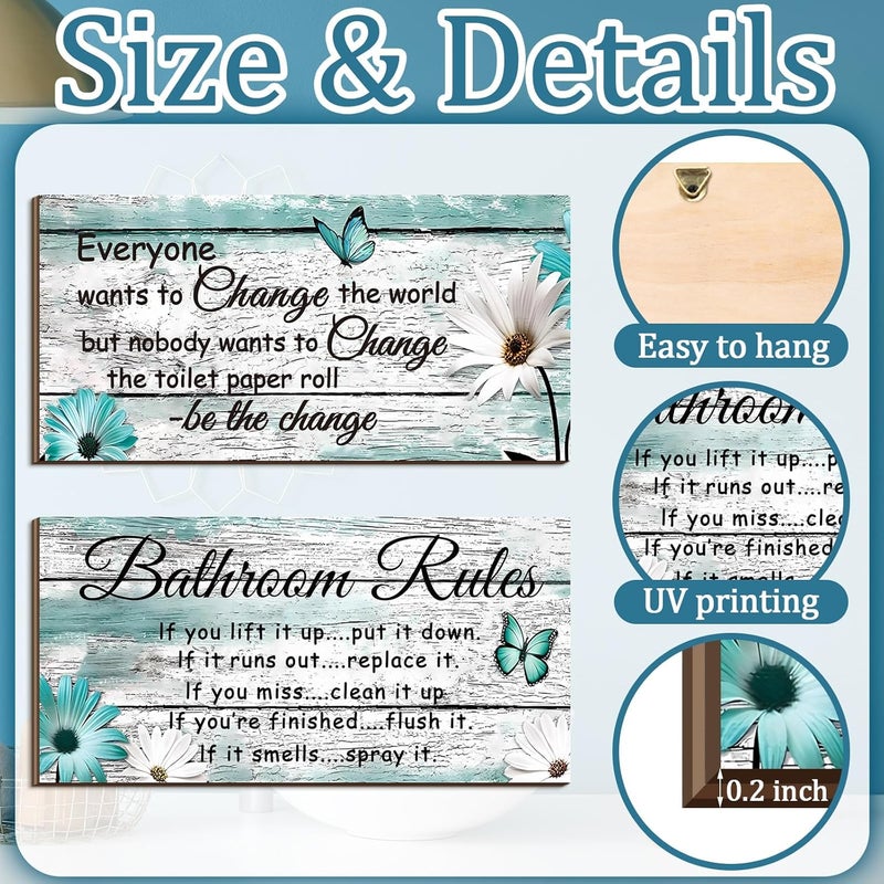 Jetec 2 قطع لافتات حمام مضحكة ديكور جدار الحمام ملحقات جدار المرحاض لافتات خشبية ريفية (نمط فراشة) - Image 3